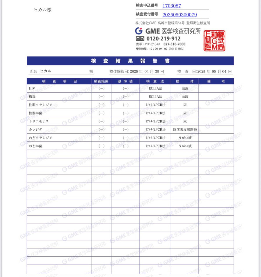 Hikaruの性病検査証明書