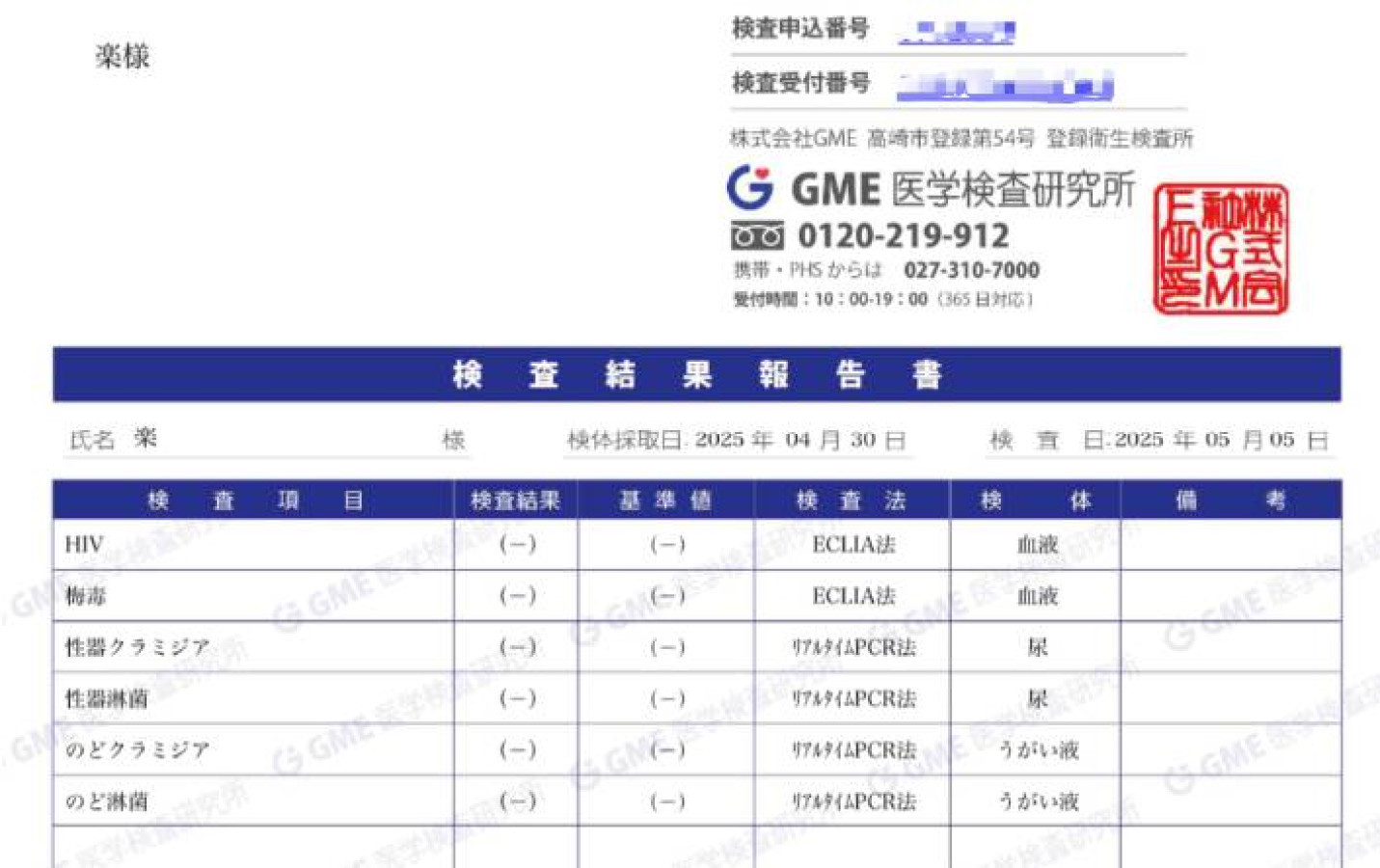楽の性病検査証明書
