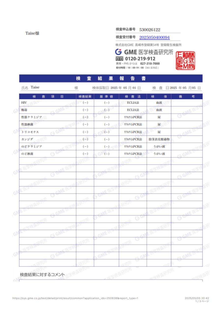 TAISEの性病検査証明書