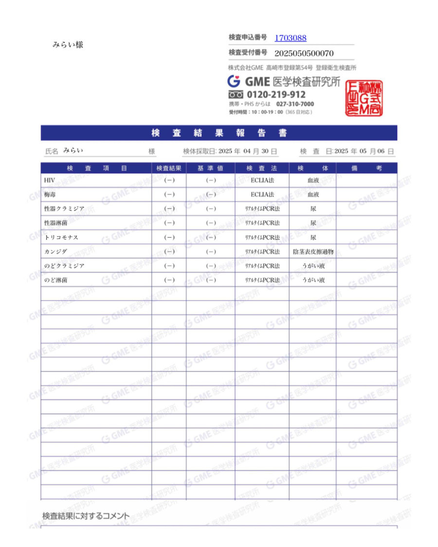 Miraiの性病検査証明書