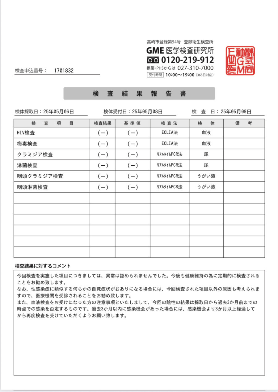 九十九の性病検査証明書
