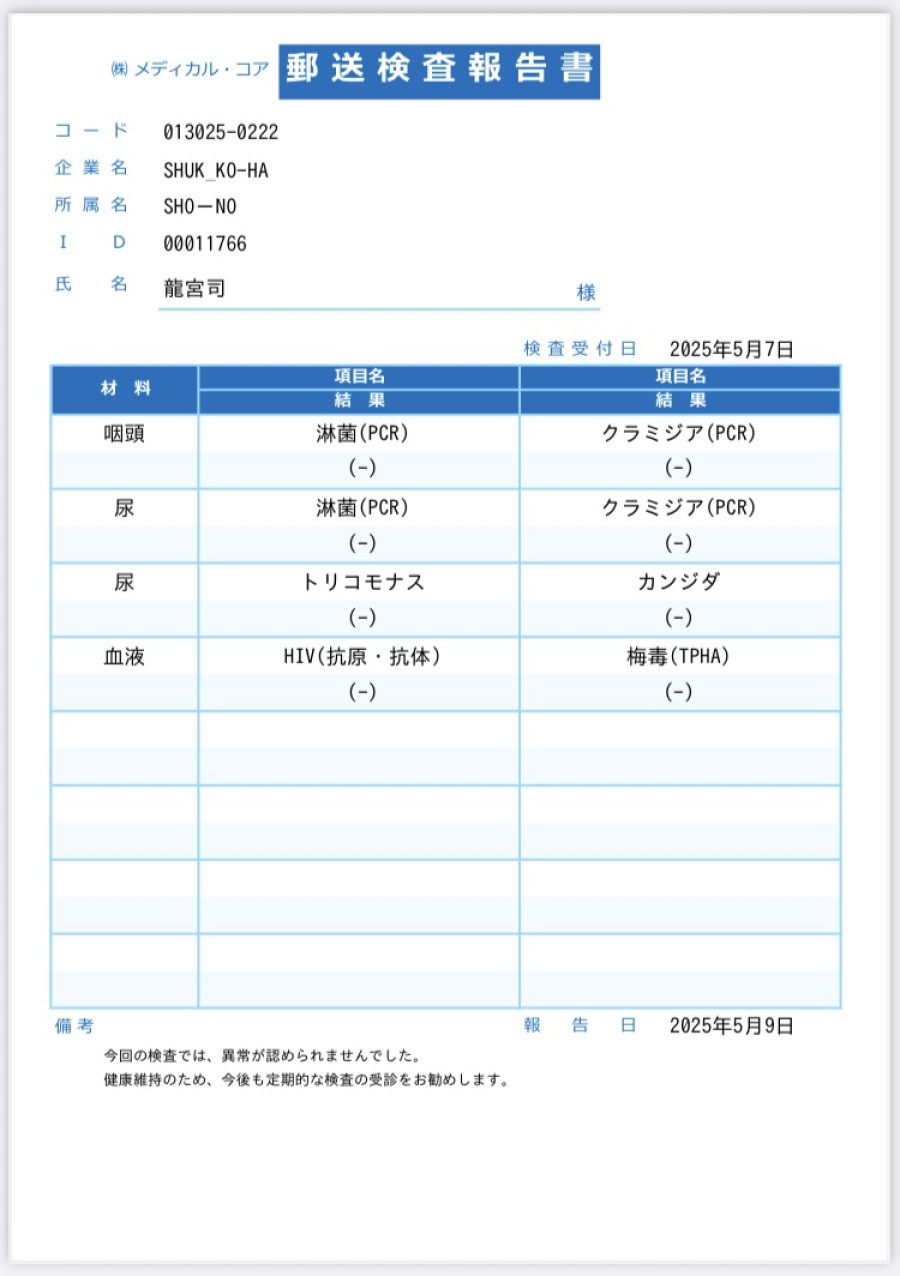 龍宮 司の性病検査証明書