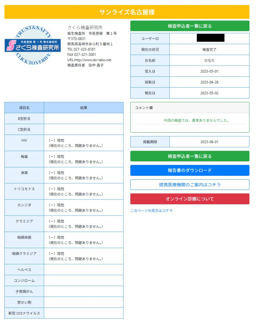 ななおの性病検査証明書