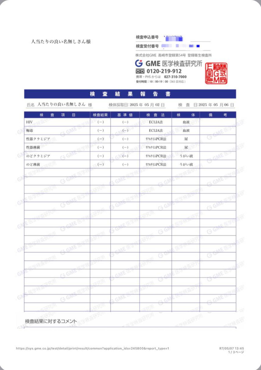 人当たりの良い名無しさんの性病検査証明書