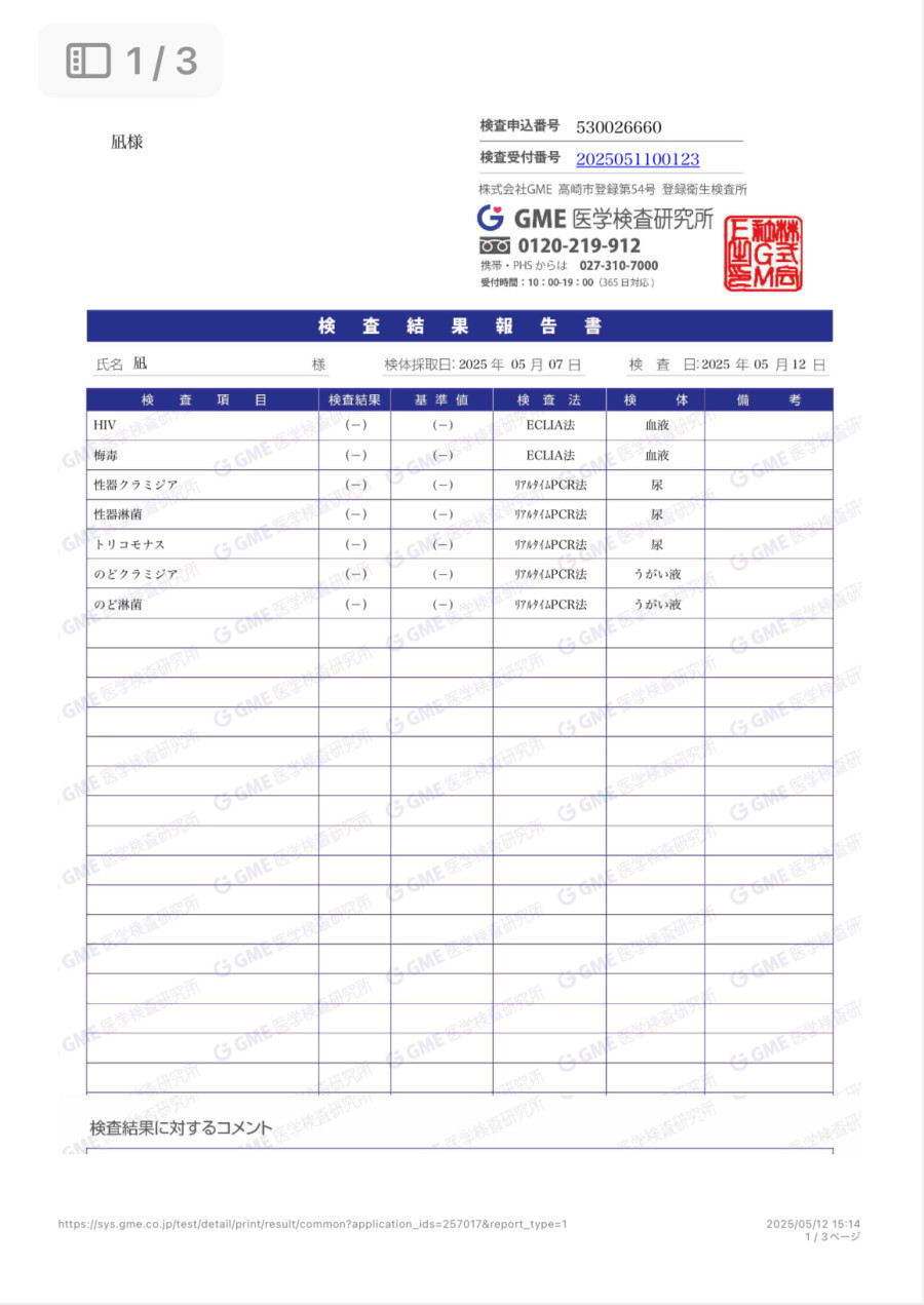 凪の性病検査証明書