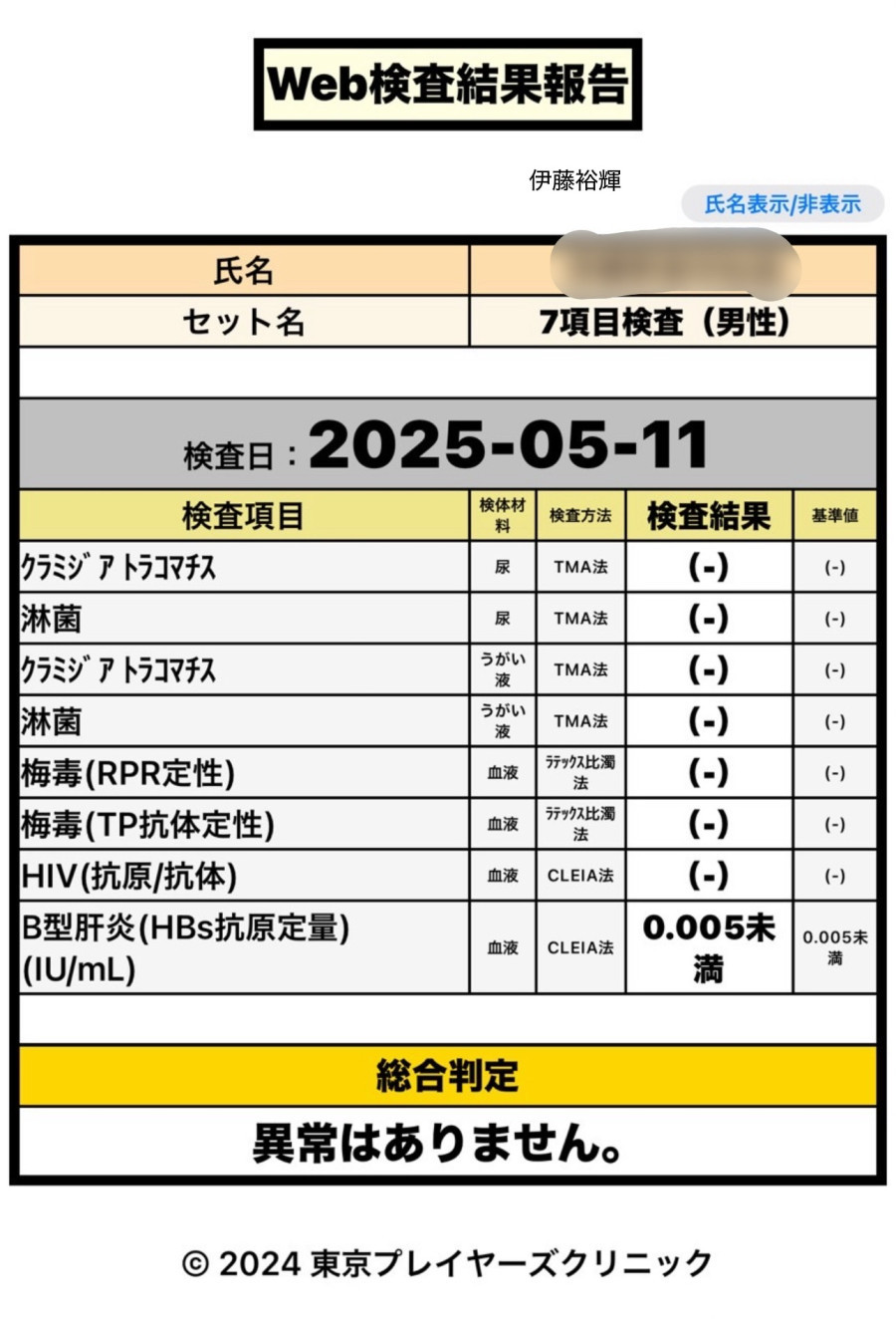 伊藤 裕輝の性病検査証明書