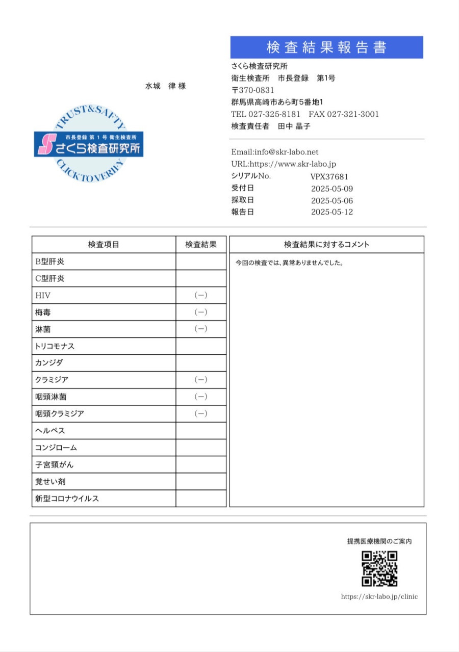 水城 律の性病検査証明書
