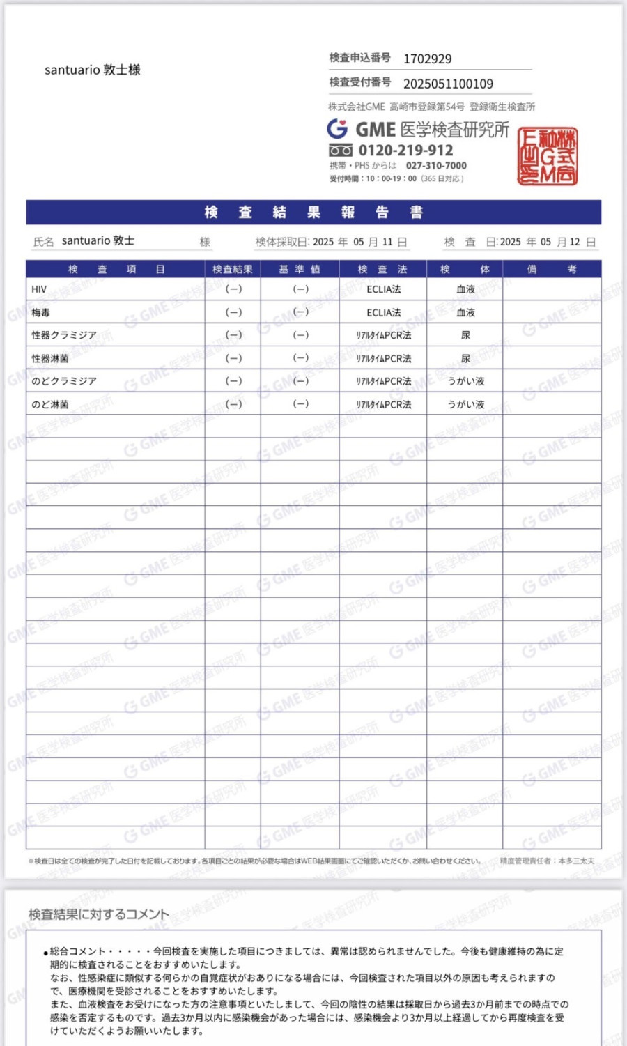 敦士の性病検査証明書