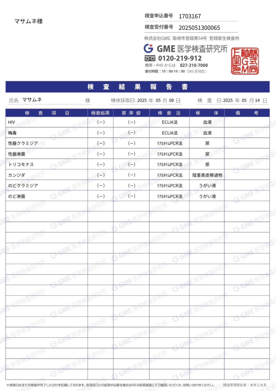 マサムネの性病検査証明書