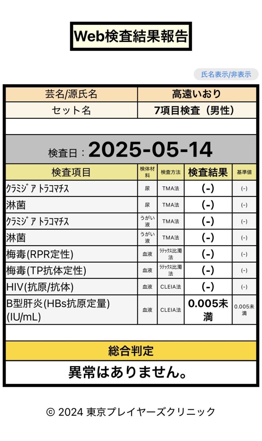 高遠 いおりの性病検査証明書