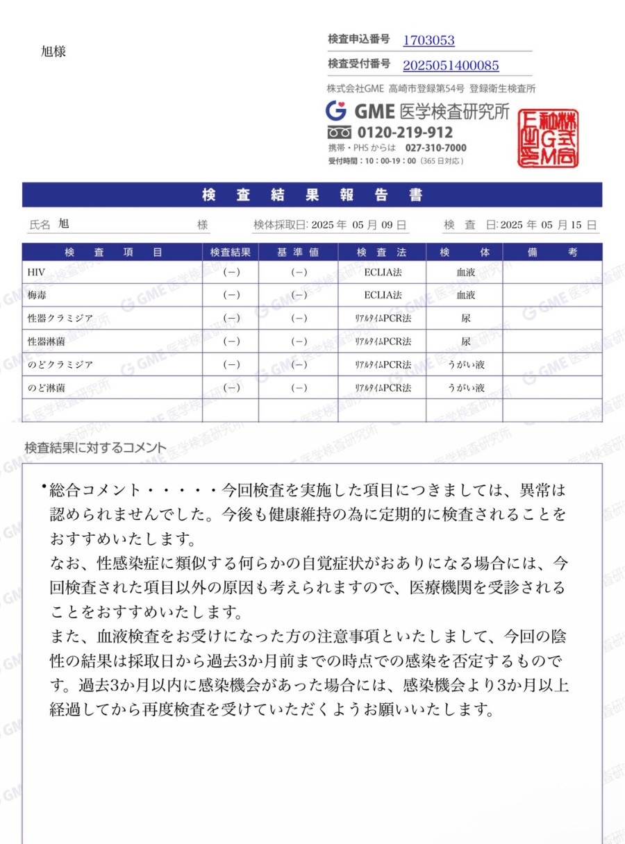 旭の性病検査証明書