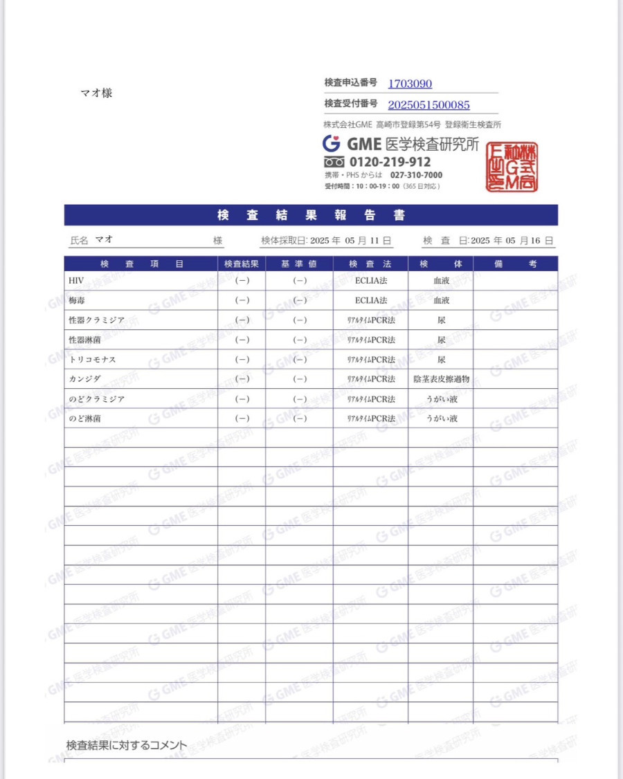 Maoの性病検査証明書