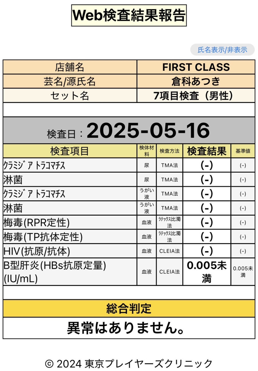 倉科 あつきの性病検査証明書