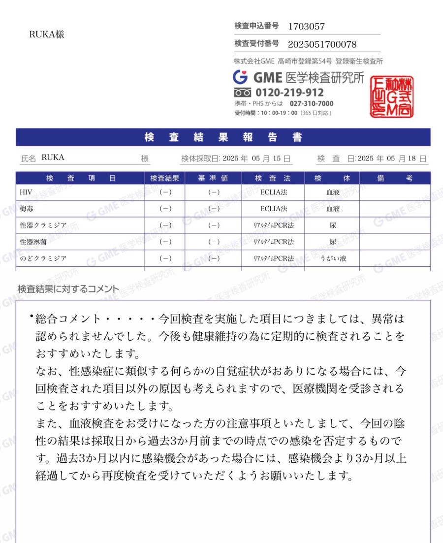 RUKAの性病検査証明書