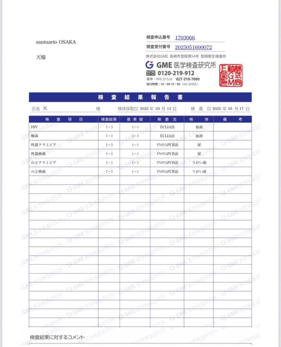 天の性病検査証明書