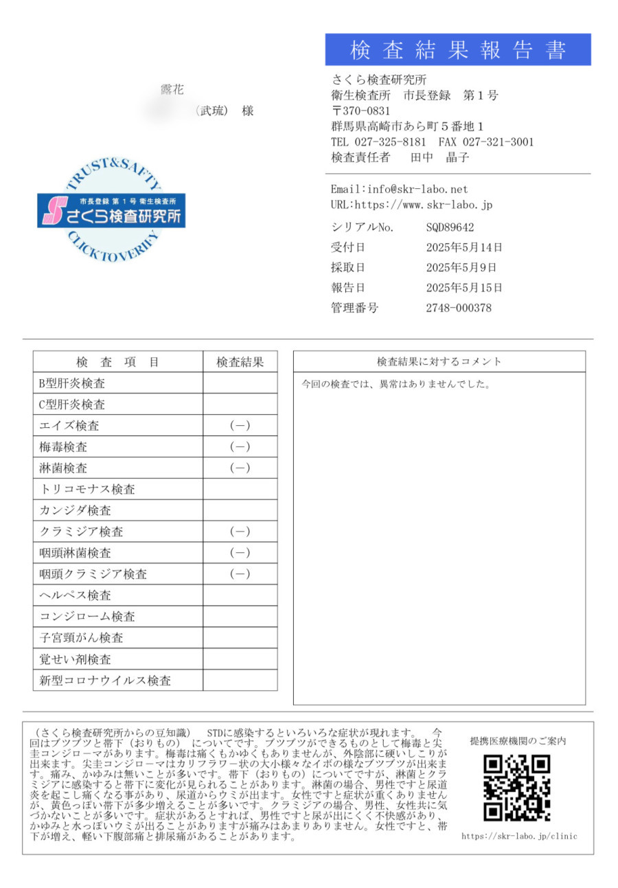 武琉の性病検査証明書