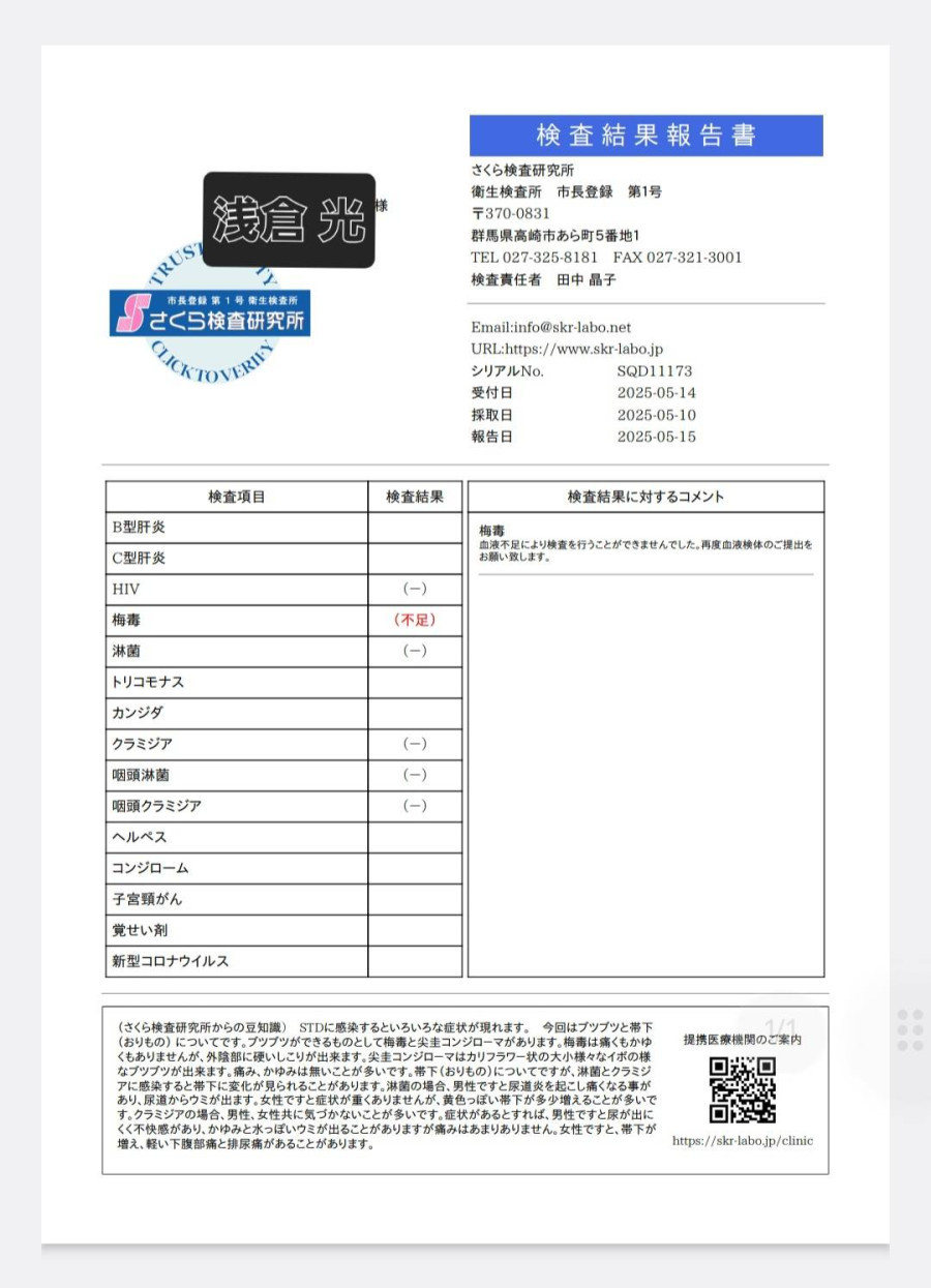 浅倉光の性病検査証明書