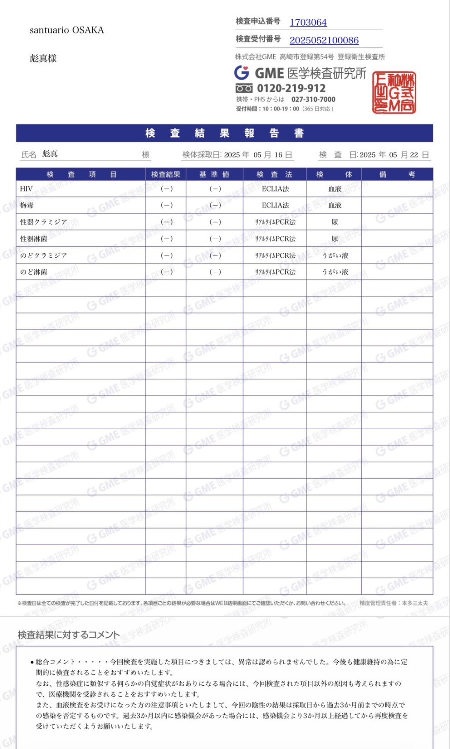 彪真の性病検査証明書