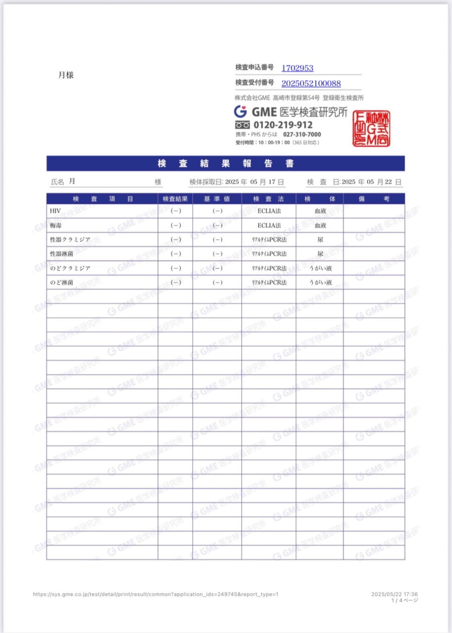 月の性病検査証明書
