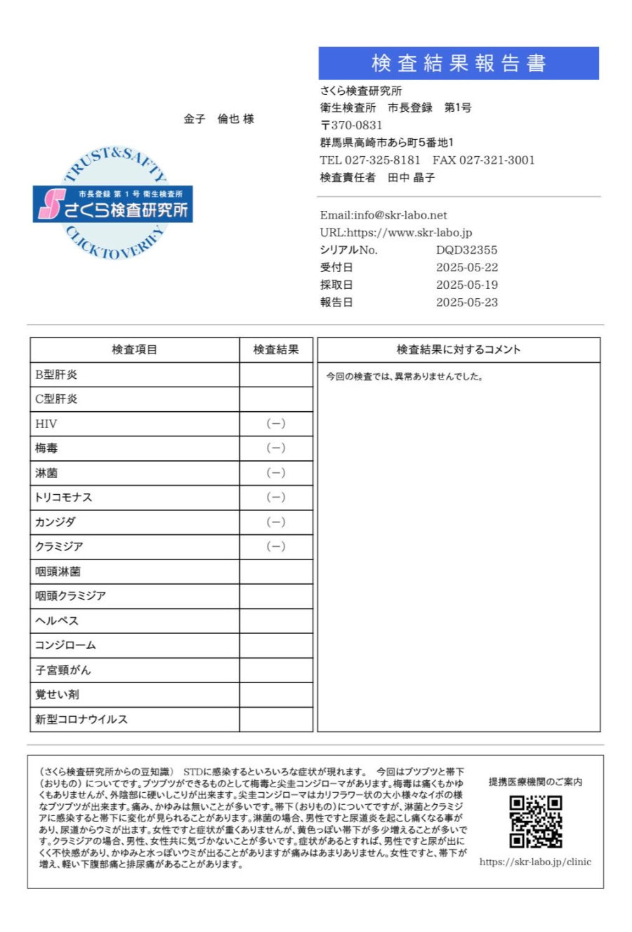 金子 倫也の性病検査証明書