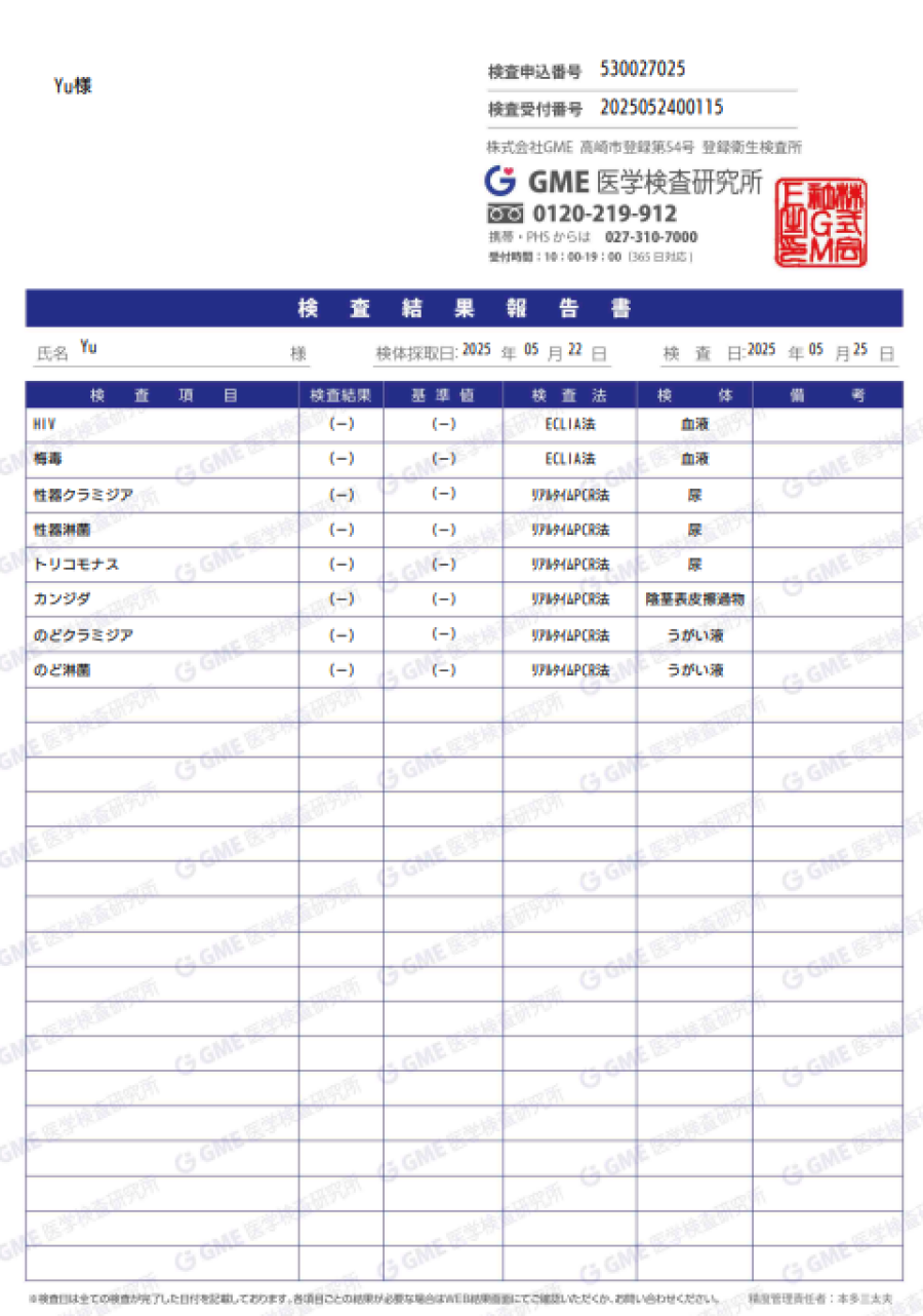 YUの性病検査証明書