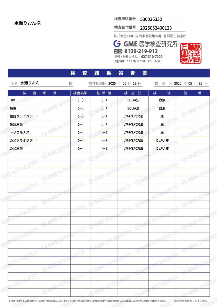 水瀬りおんの性病検査証明書