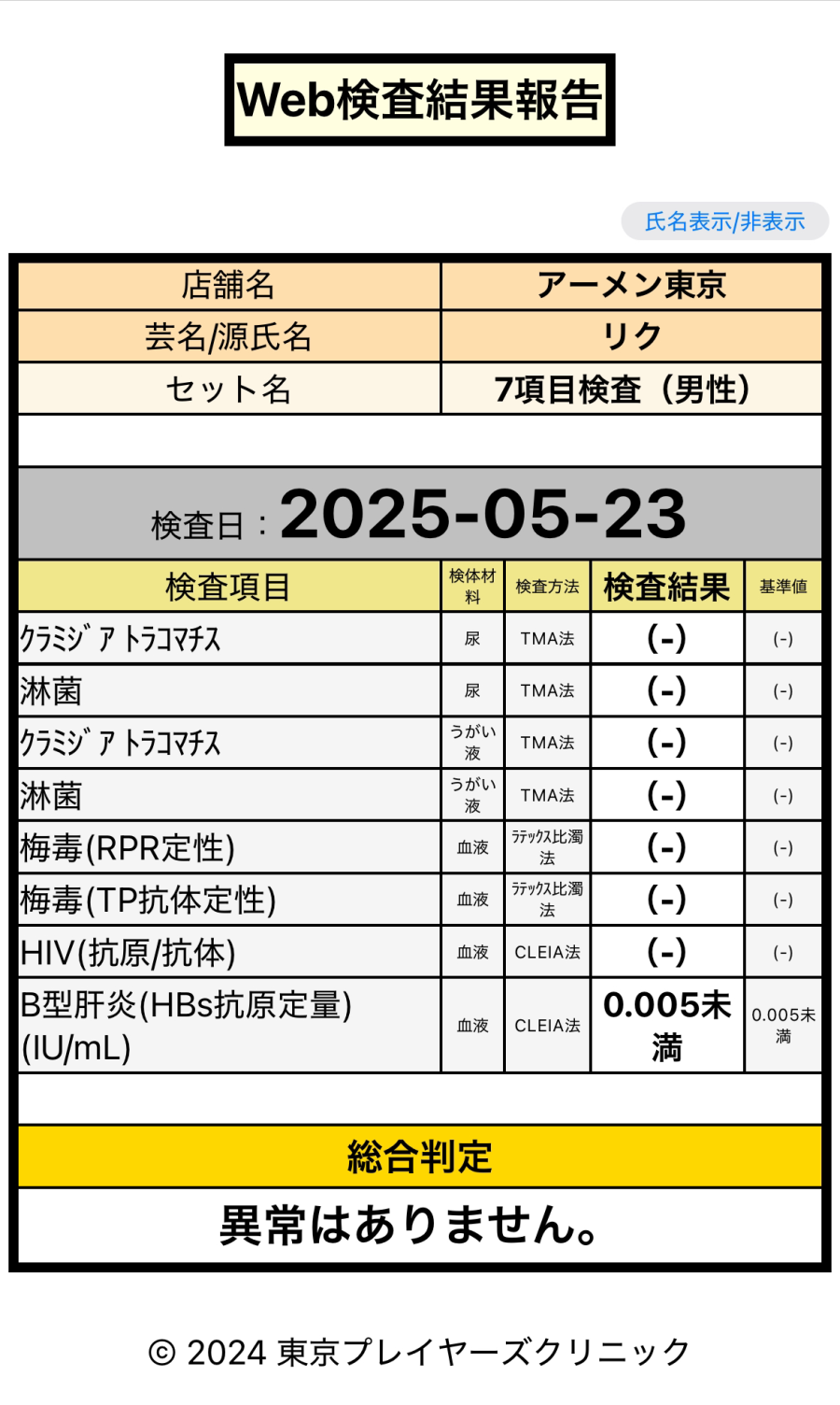 リクの性病検査証明書