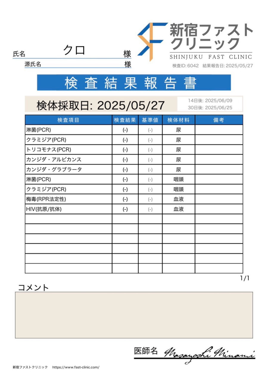 クロの性病検査証明書