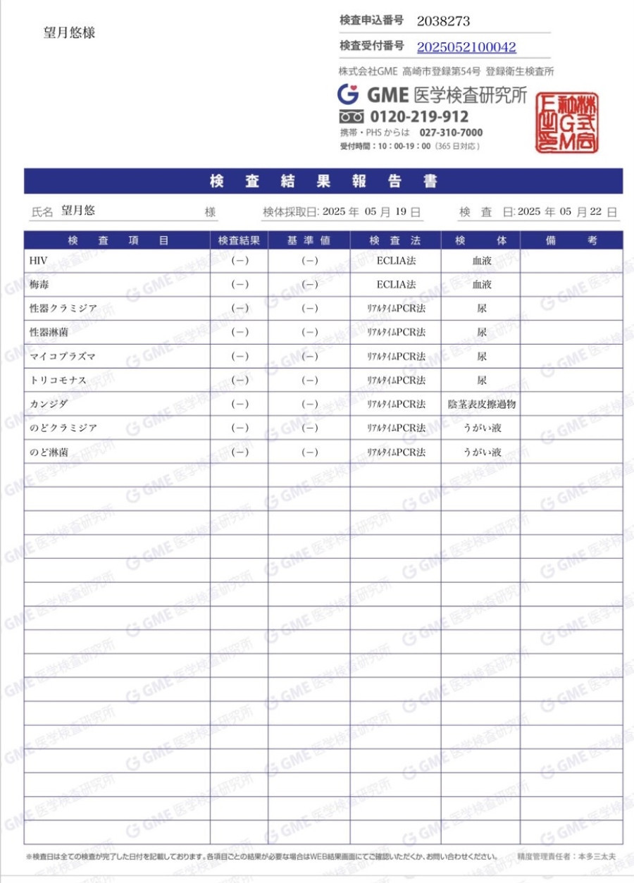 望月 悠の性病検査証明書