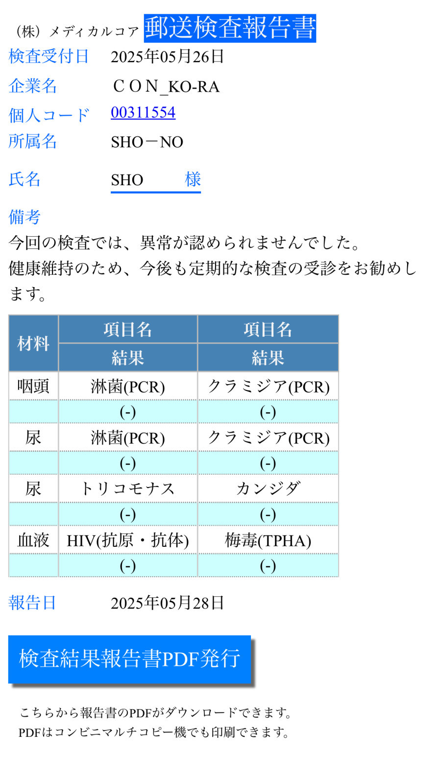 SHOの性病検査証明書