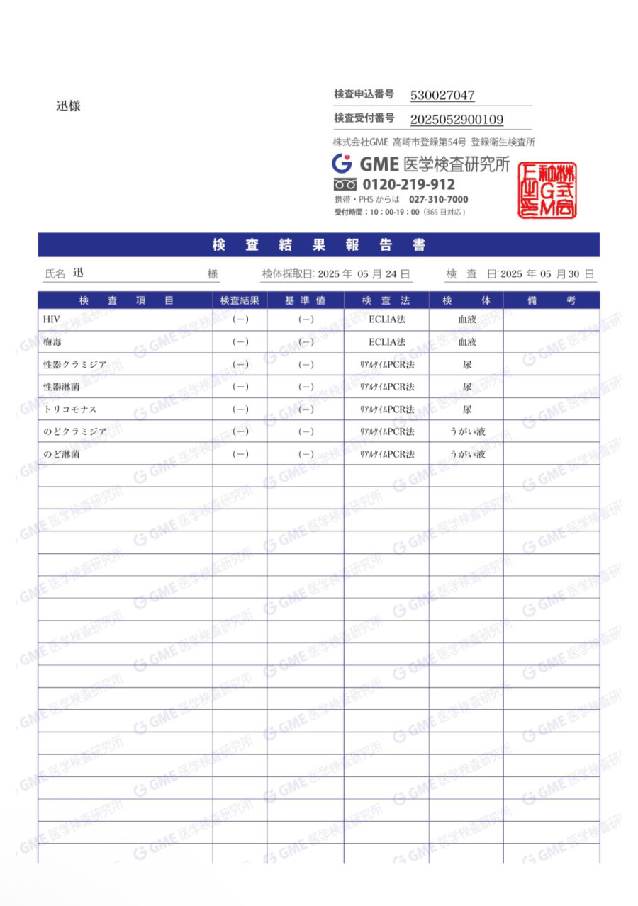 迅の性病検査証明書