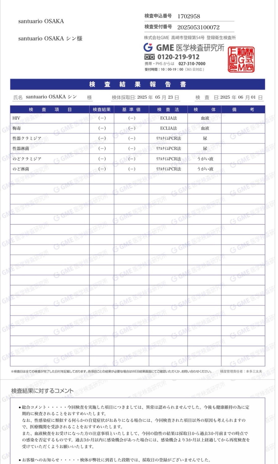 進の性病検査証明書