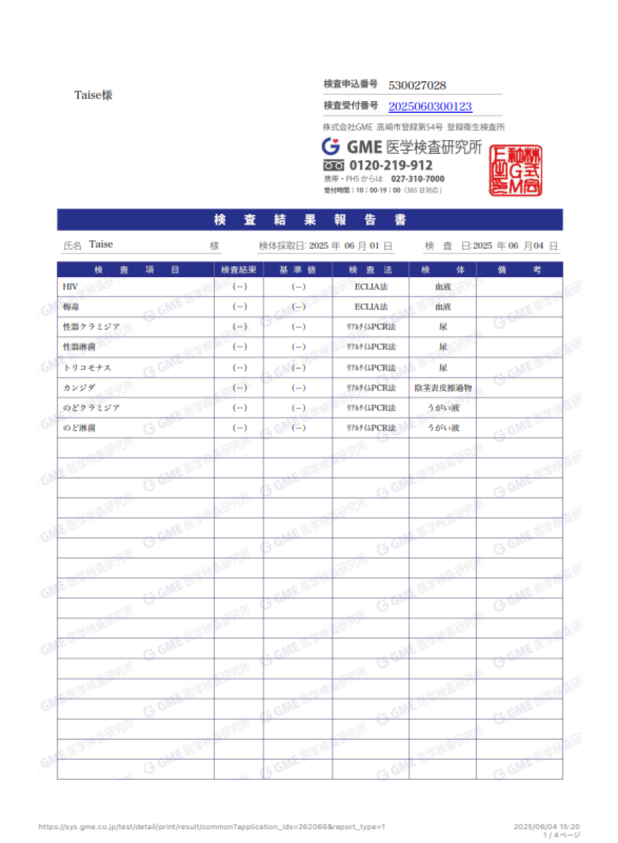 TAISEの性病検査証明書