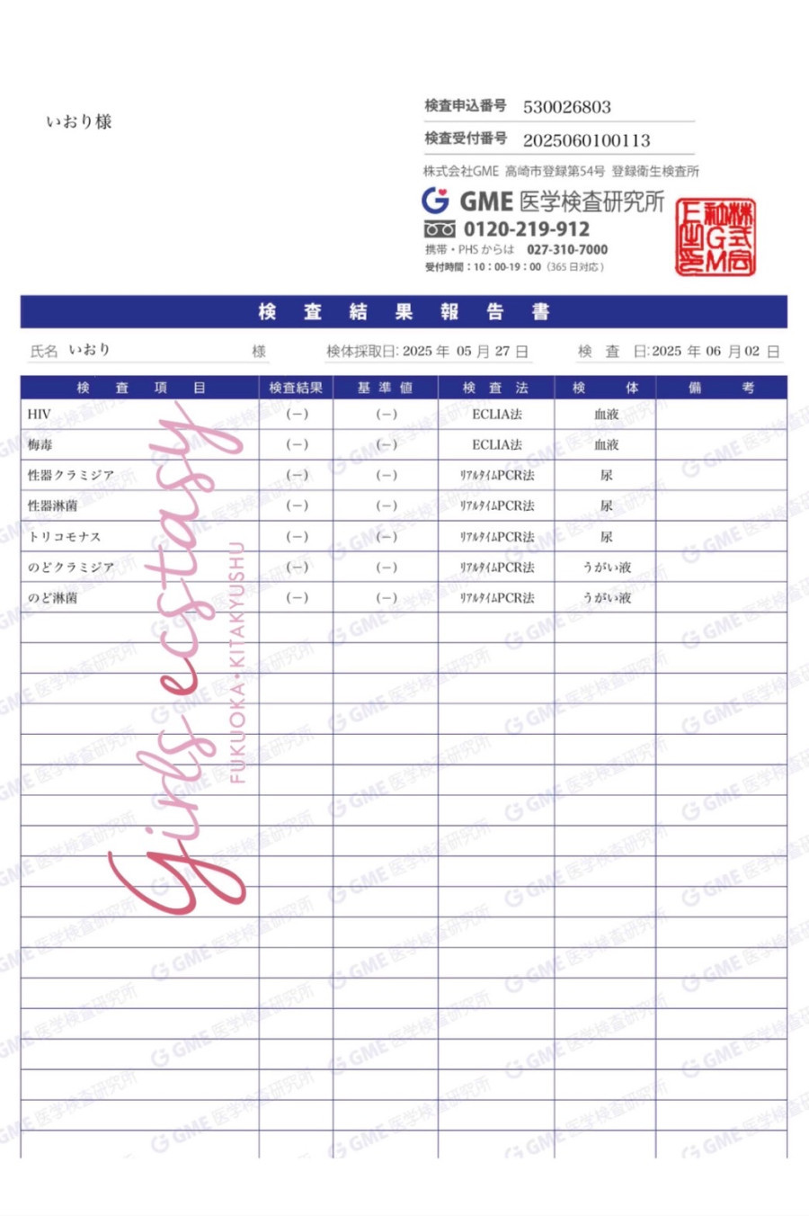 いおりの性病検査証明書