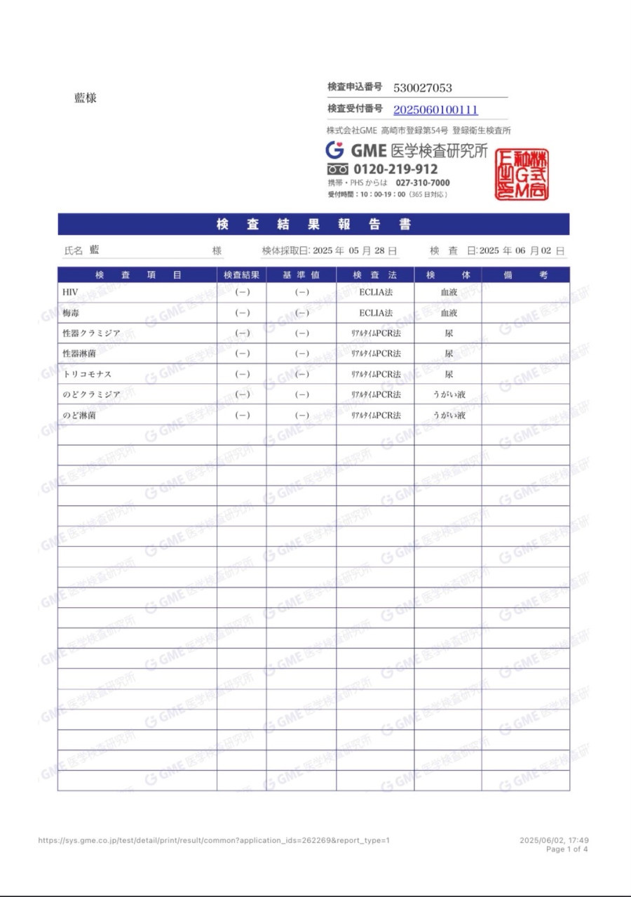 藍の性病検査証明書