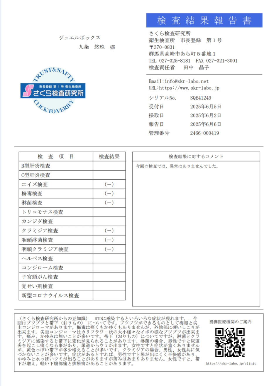九条 悠玖の性病検査証明書