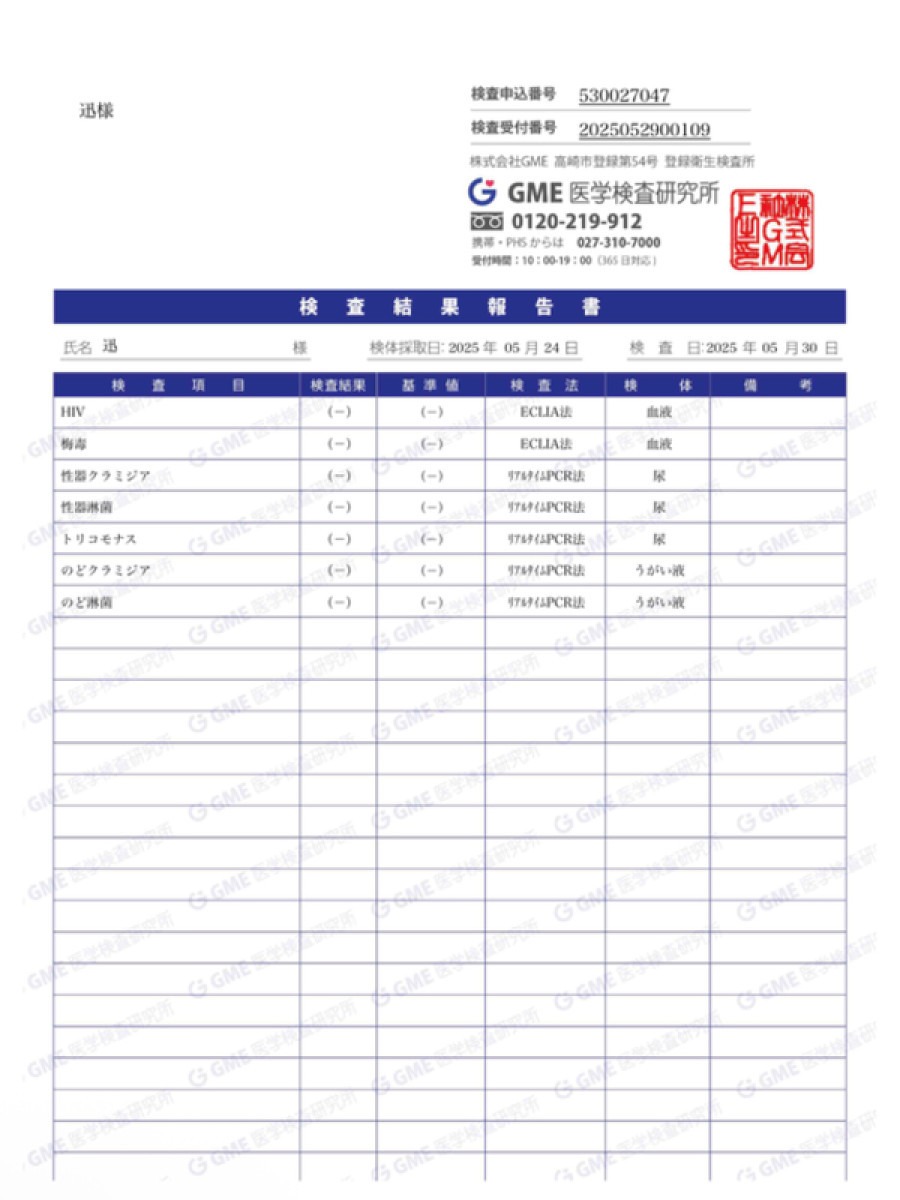 迅の性病検査証明書
