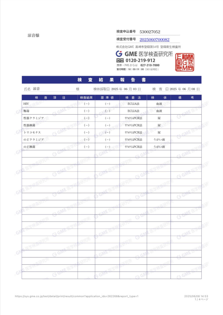 涼音の性病検査証明書