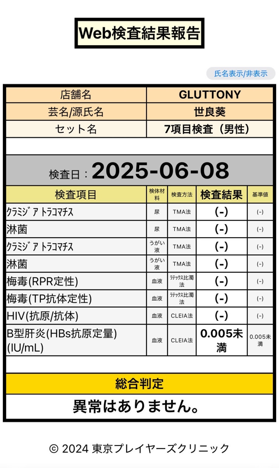 世良 葵の性病検査証明書