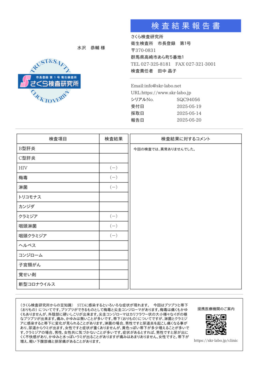 水沢 恭輔の性病検査証明書
