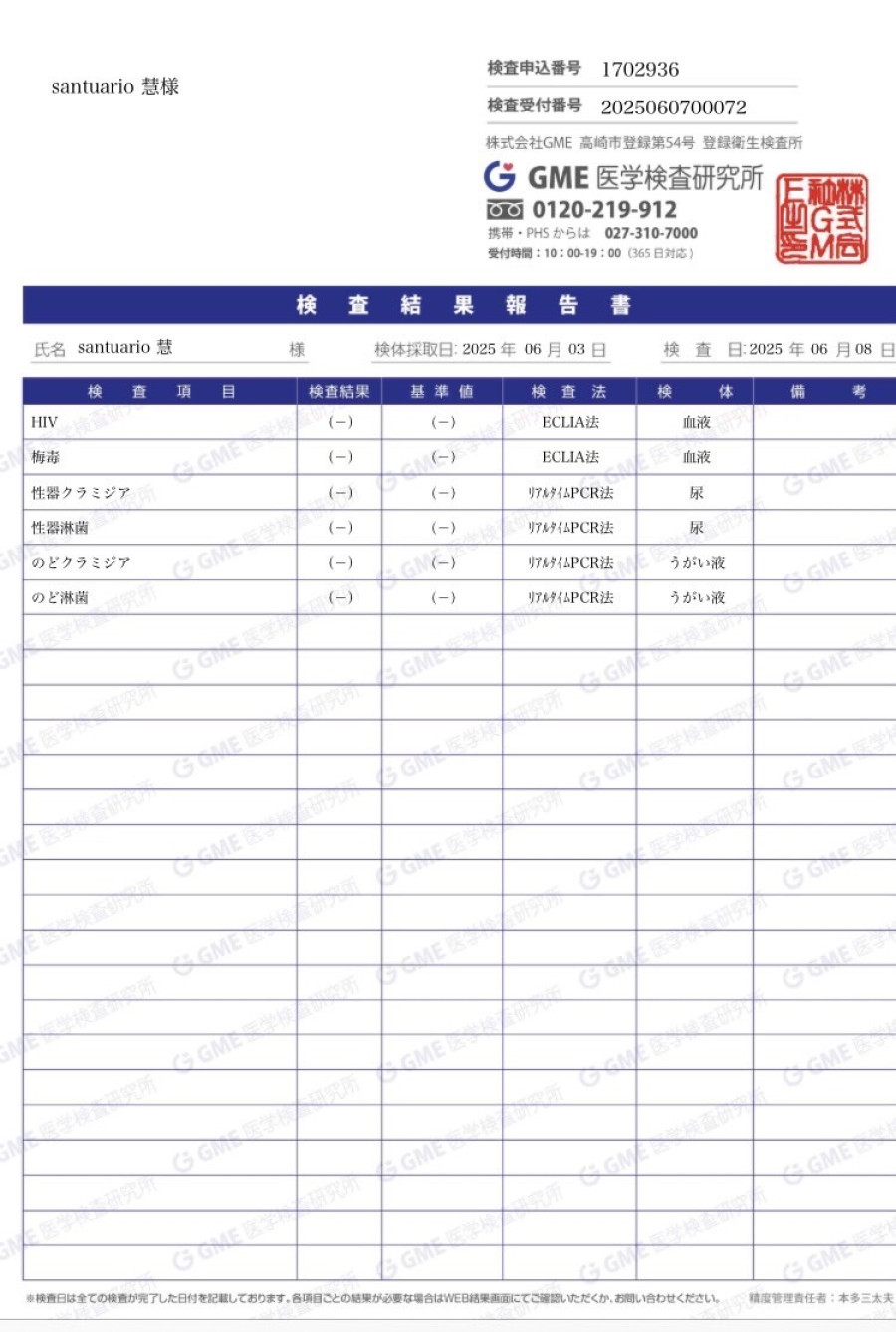 慧の性病検査証明書