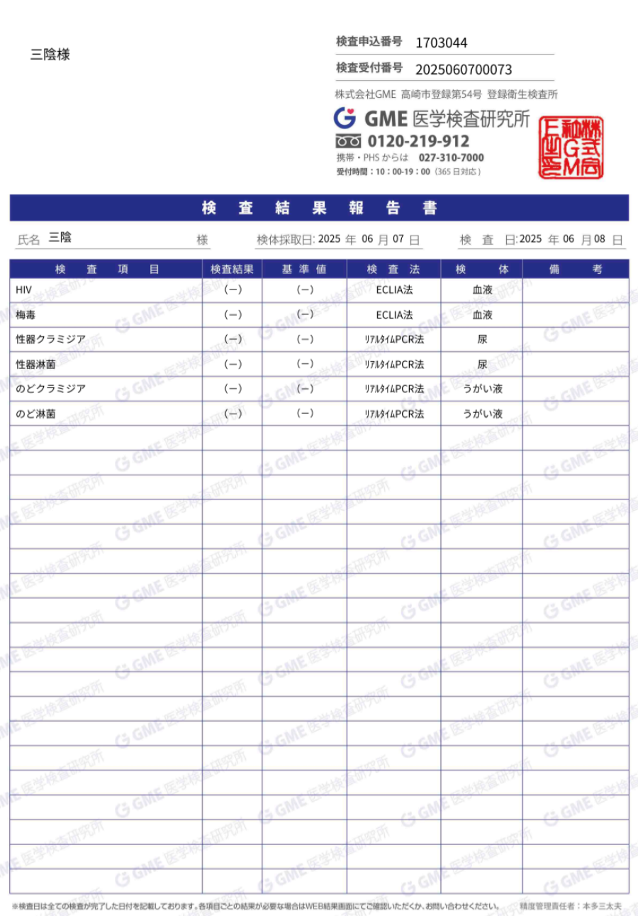 三陰の性病検査証明書