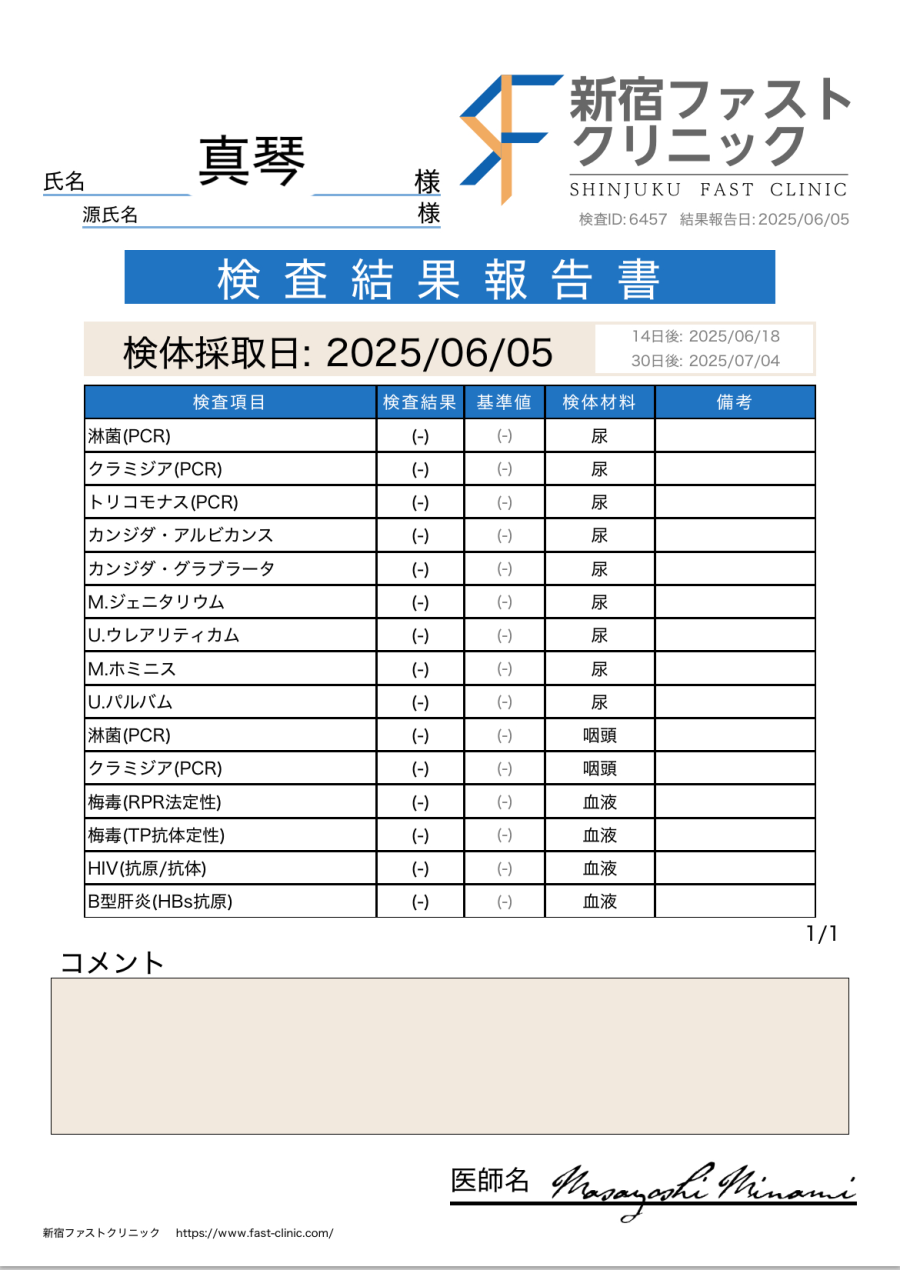 真琴の性病検査証明書