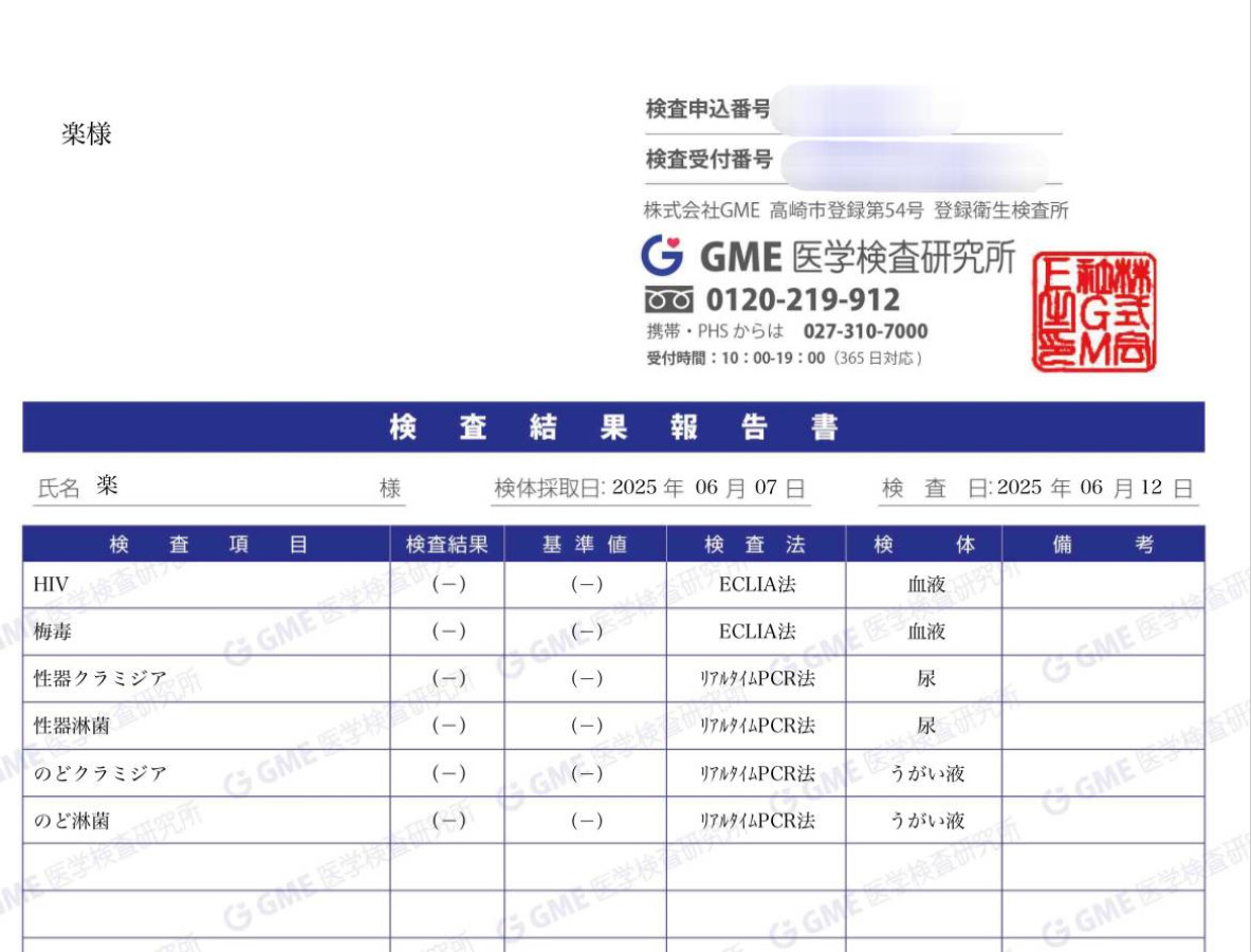 楽の性病検査証明書