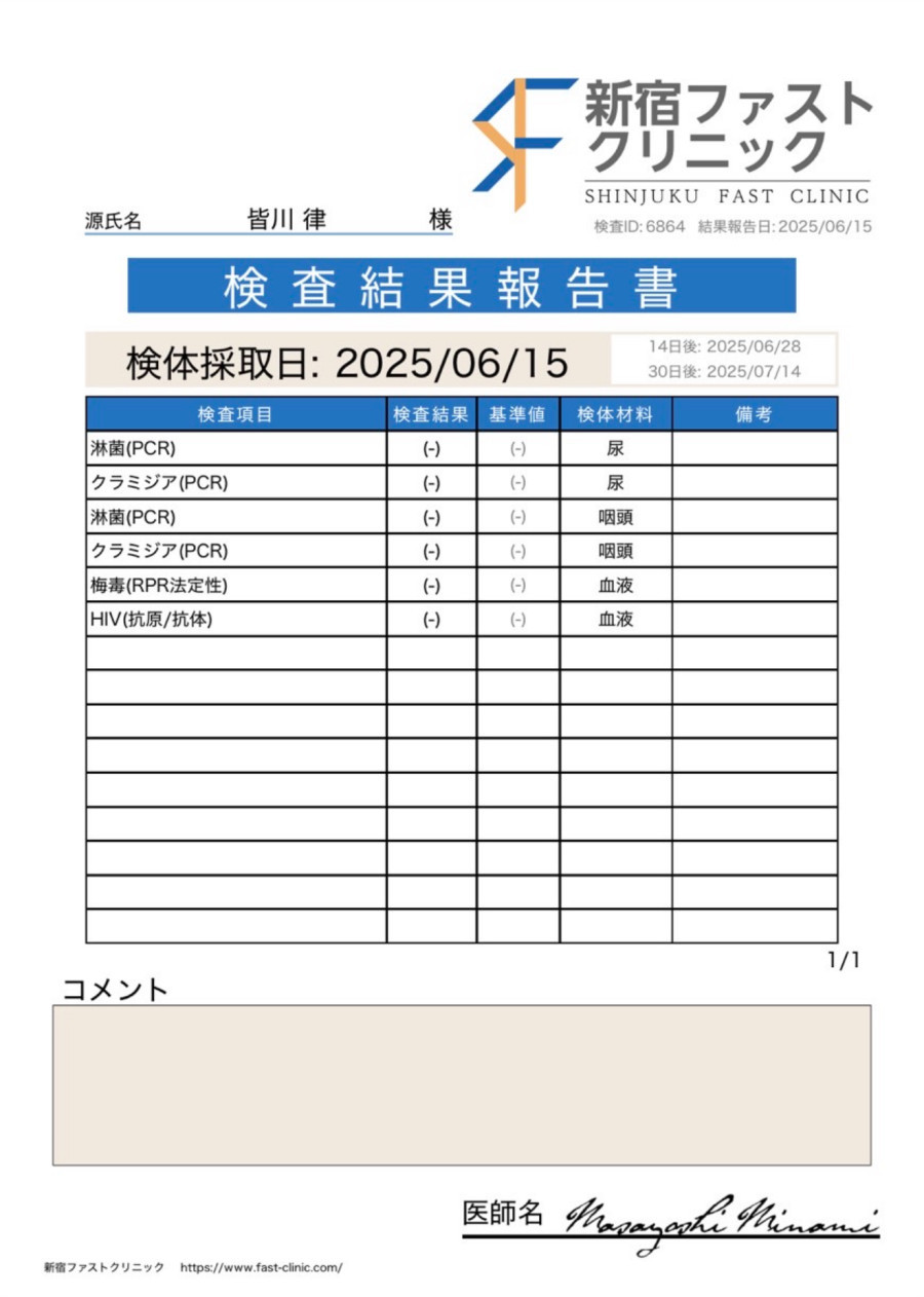 皆川 律の性病検査証明書