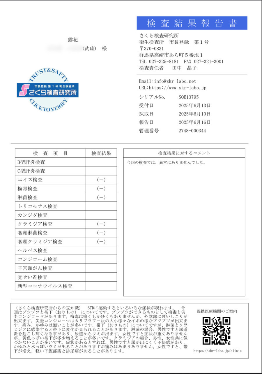 武琉の性病検査証明書