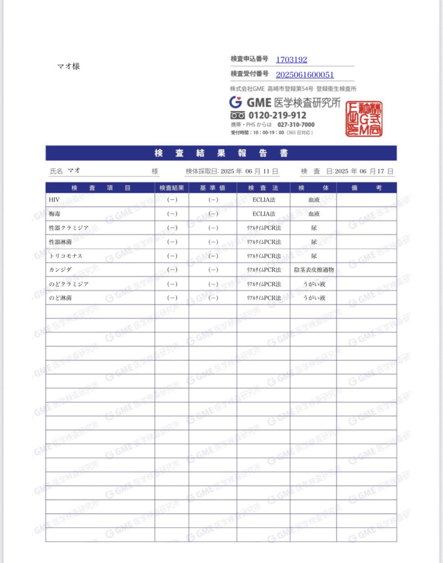Maoの性病検査証明書