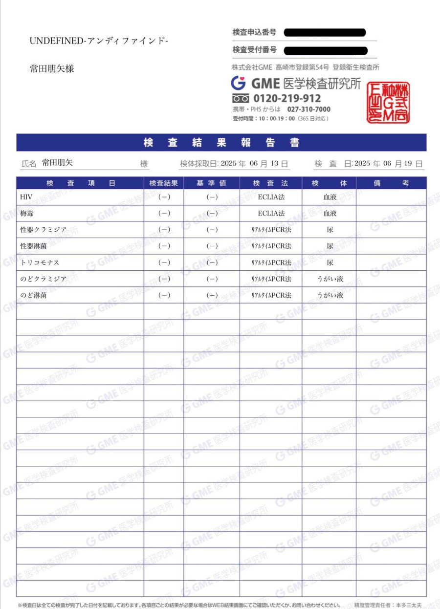常田 朋矢の性病検査証明書