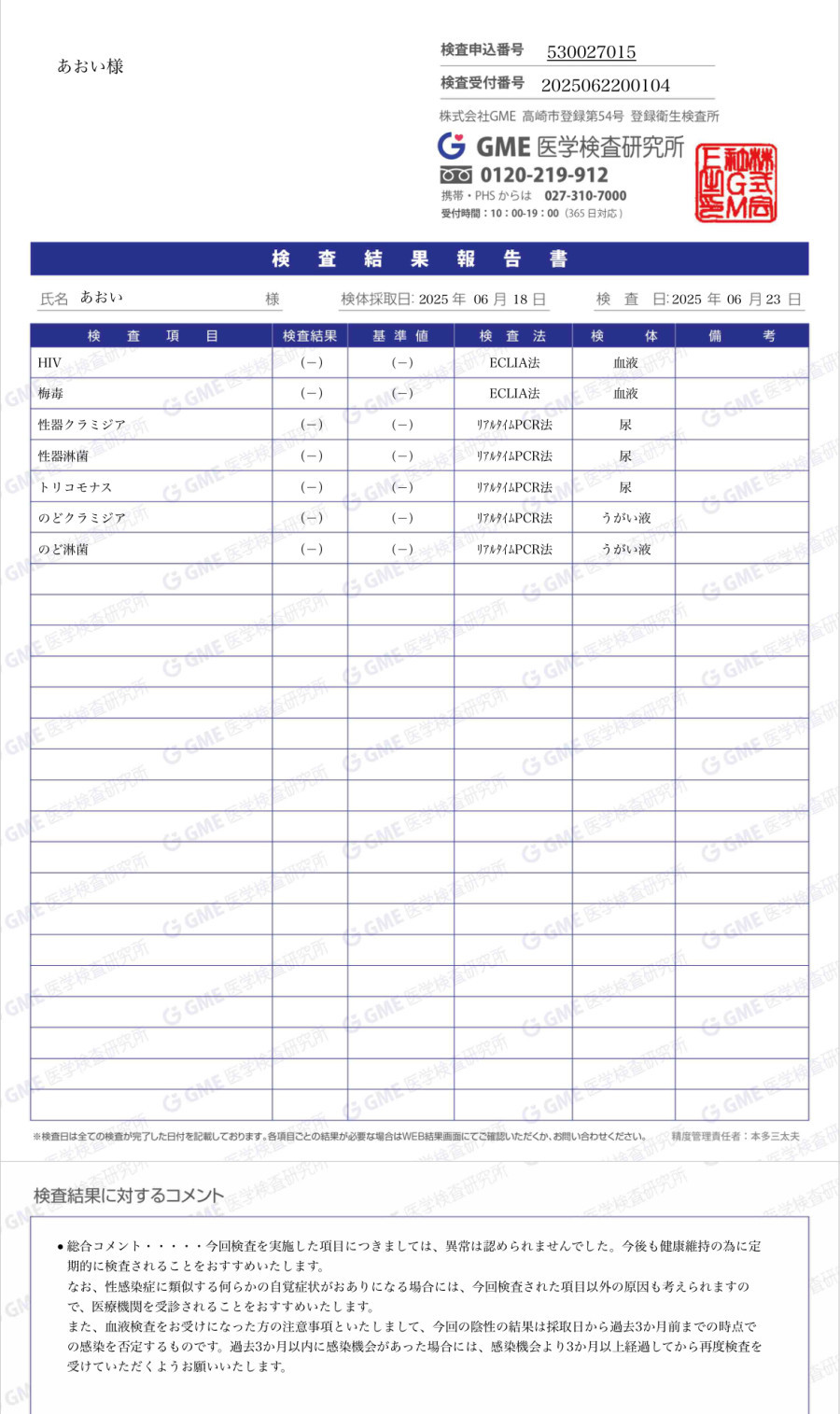 あおいの性病検査証明書