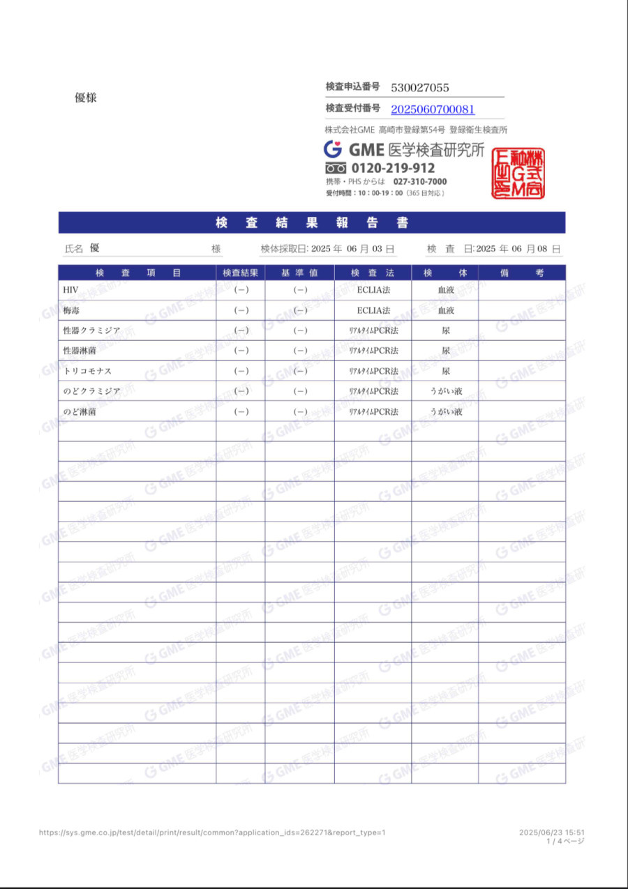 優の性病検査証明書